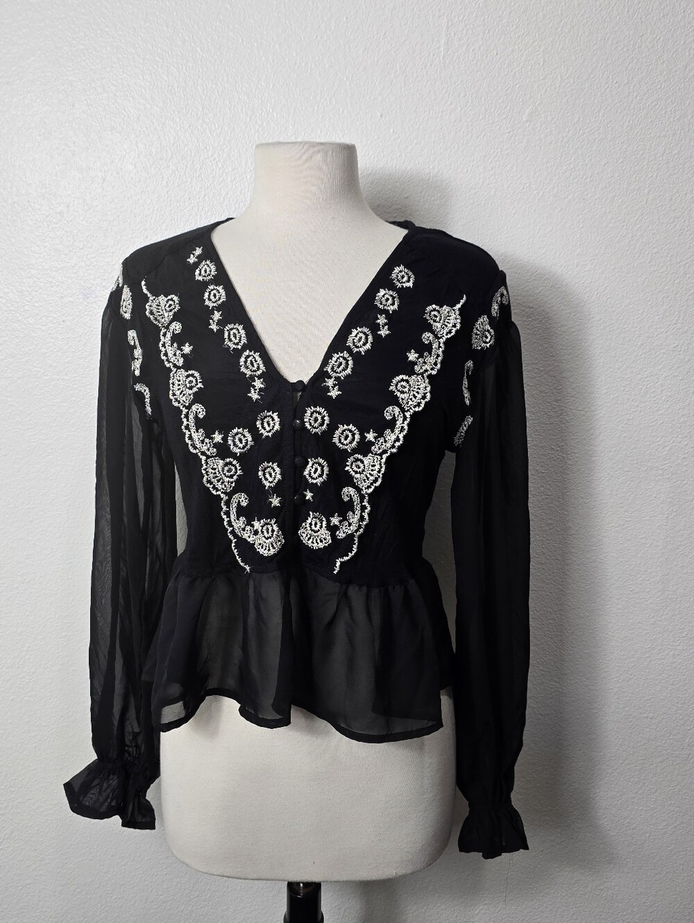 Black Embroidered V-Neck Peplum Blouse